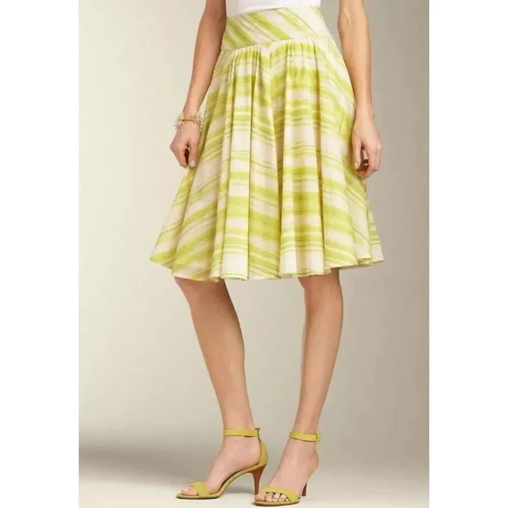 Talbots Flowy Mid Length Cotton Lined Flared Green Yellow White Skirt Size 12P
